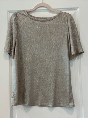 LOFT Shimmer Ribbed Metallic Silver Short Sleeve Top